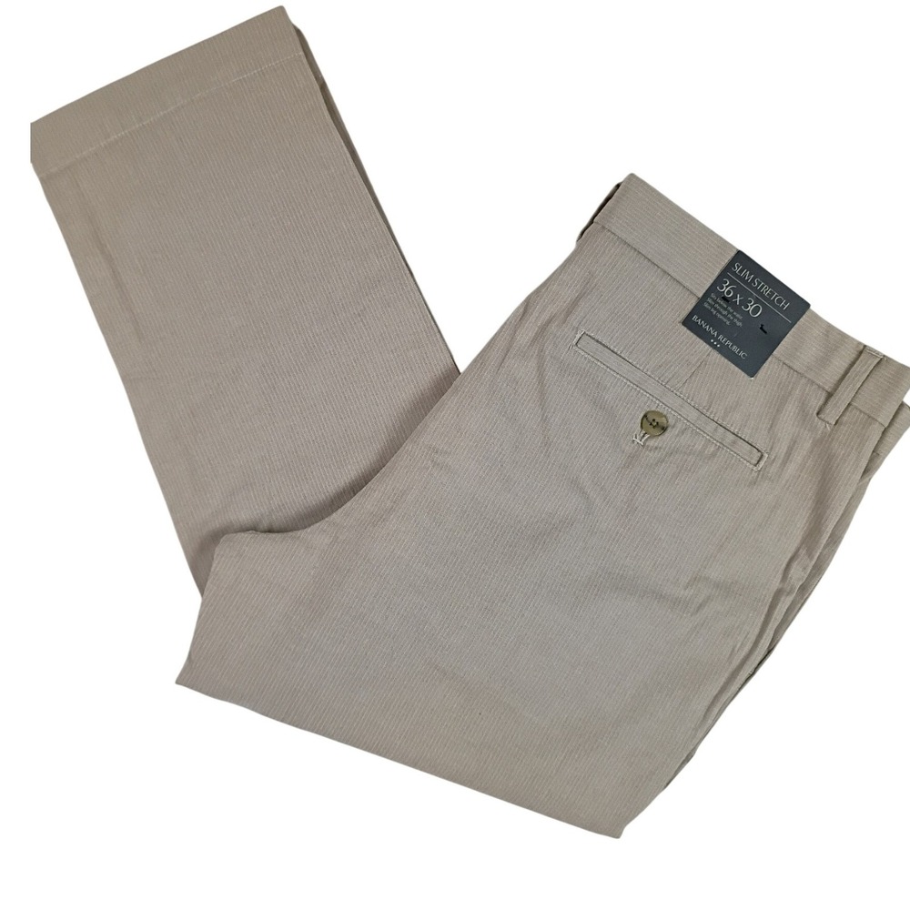 Banana Republic Slim Stretch Chino Men 36x30 Tan Striped Herringbone Dress Pants